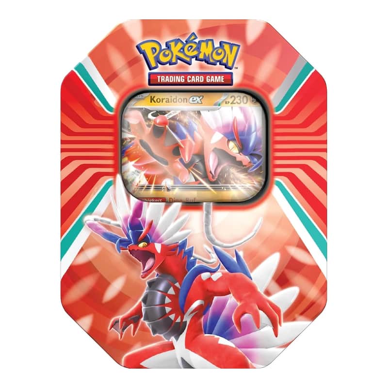 Karmesin & Purpur Produkte: Paldea Legenden Tins: Koraidon ex Tin-Box (4 Booster)