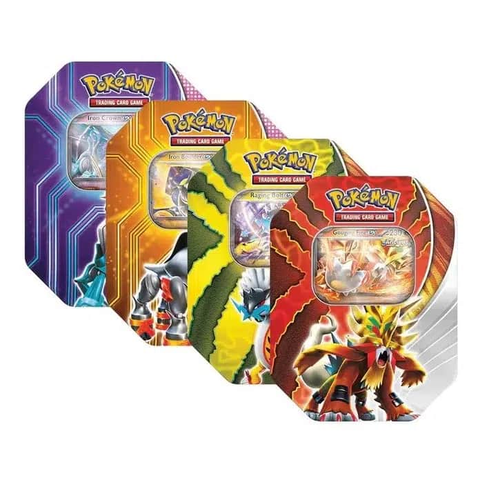 Scarlet & Violet Products: Paradox Destinies Tins: Iron Crown / Iron Boulder / Raging Bolt / Gouging Fire ex Tin-Box (EU Version) (4 Booster)