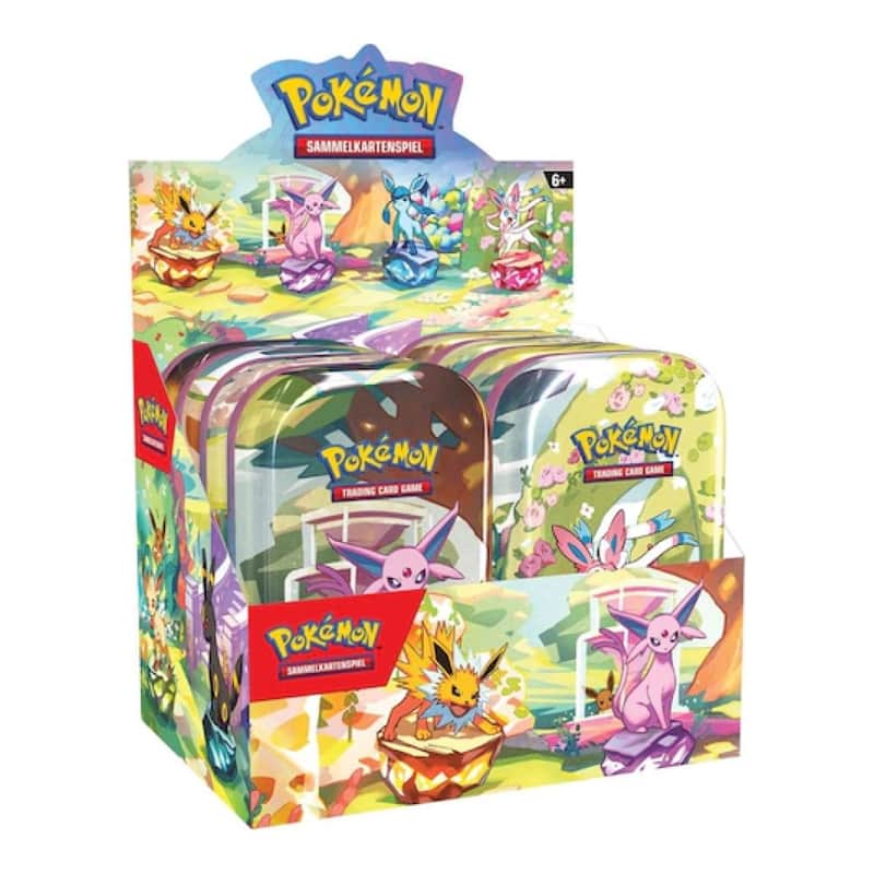 Karmesin & Purpur: "Prismatische Entwicklungen": - Mini Tin Display (16 Booster / 8 Tin Boxen)